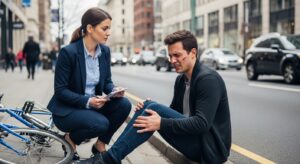 Ajustador de seguros hablando con una víctima de accidente peatonal