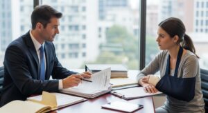 Abogado revisando documentos del seguro con la víctima del accidente peatonal