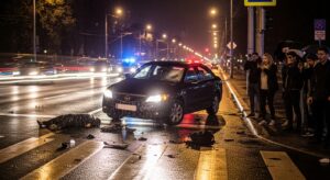 Accidente peatonal nocturno con peatón en la carretera y coche detenido
