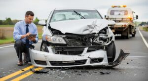 Ajustador de seguros evaluando el daño en un accidente peatonal