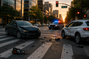 Cruce urbano con autos dañados y patrulla policial al atardecer
