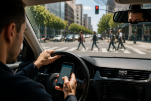 Conductor usando teléfono mientras se acerca a un cruce peatonal