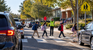 Tráfico y visibilidad limitada en una zona escolar con niños cruzando